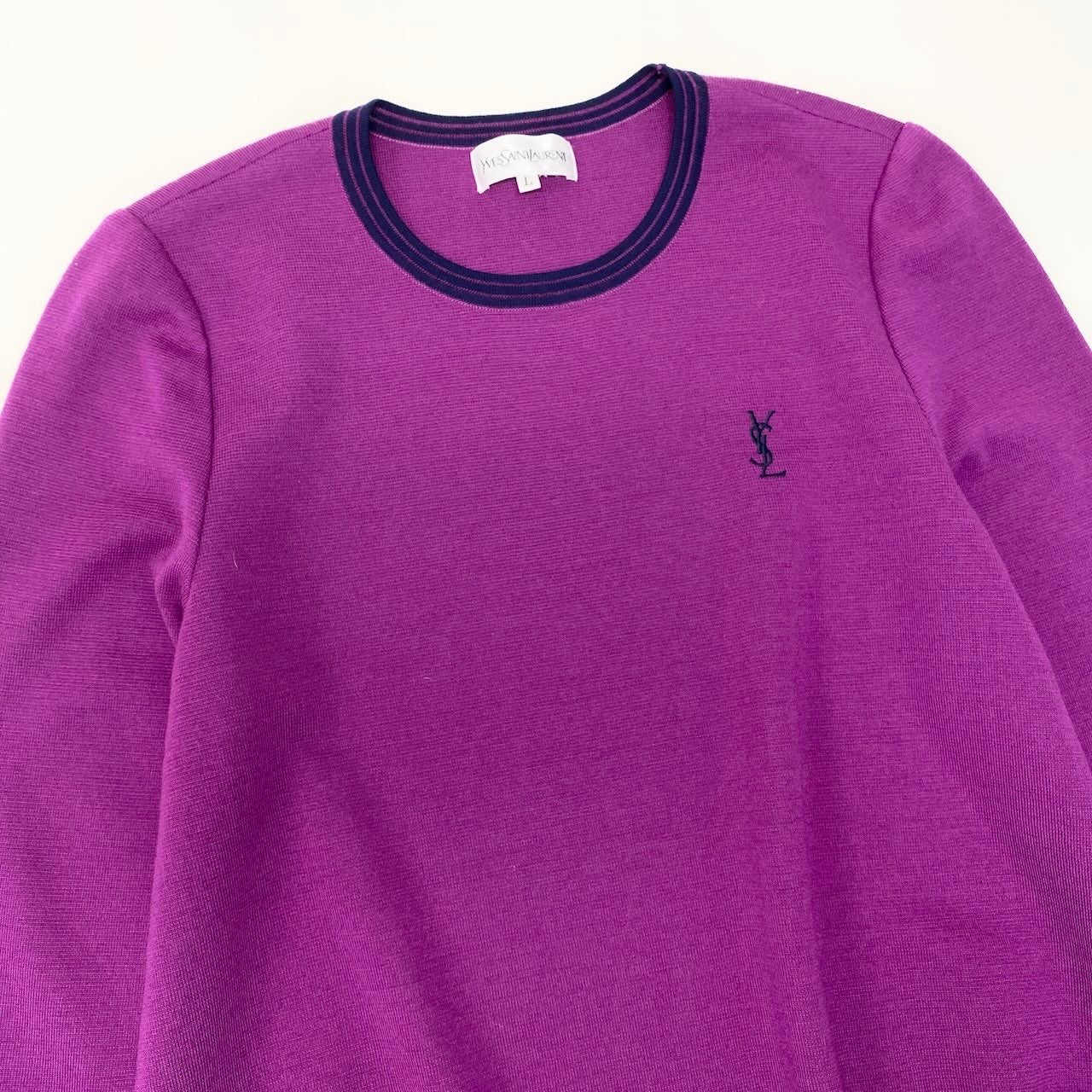 29f15 YVES SAINT LAURENT イヴサンローラン YSLロゴ フレアニットセーター チュニック丈 バイカラー サイズL パープル ネイビー ウール100％ レディース女性用u02t