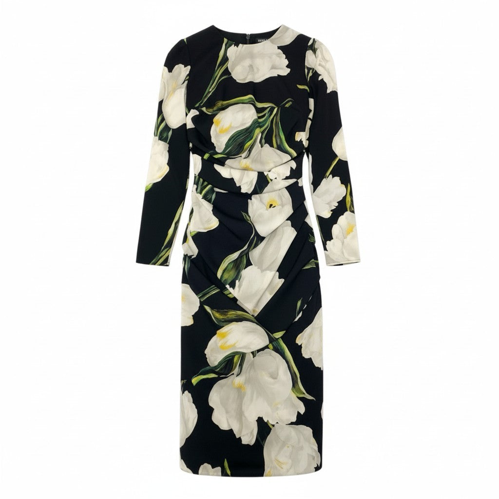 13c5 DOLCE＆GABBANA ドルチェアンドガッバーナ ドレスワンピース ロングワンピース 花柄 フラワー 長袖 36 ブラック ホワイト シルク レディースu02t