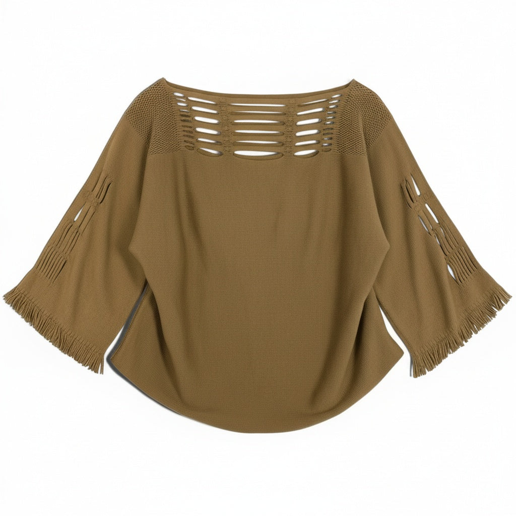 Aa29 ISSEY MIYAKE イッセイミヤケ A.POC INSIDE カットワーク ニットカットソー Tシャツ トップス フリンジ IM33KK322 サイズ2 ベージュ レディースu02t