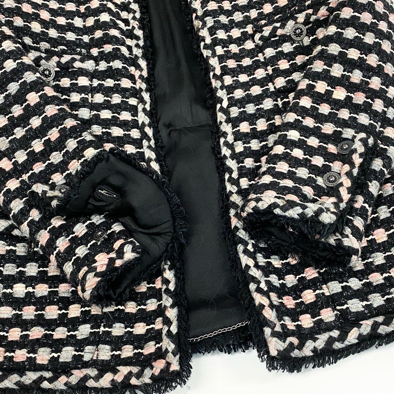 85b9 CHANEL シャネル 2006 ラメツイードジャケット ニットジャケット ノーカラー P29539 40 ブラック系 レディースta1