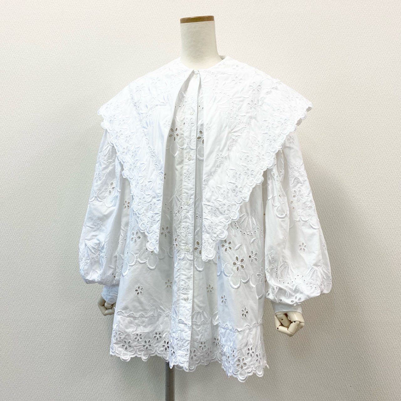 56f5 SIMONE ROCHA シモーネロシャ レース刺繍 長袖 セーラーブラウス シャツ チュニック ソングスリーブ トップス UK4 ホワイト コットン
