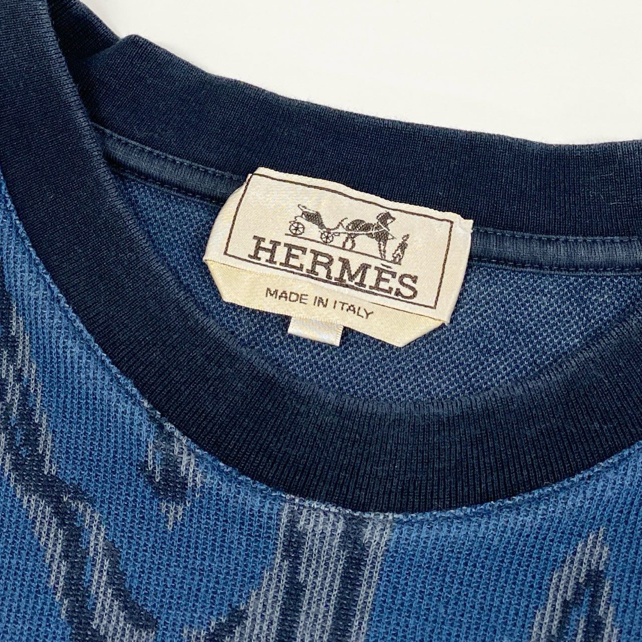 Ia14 HERMES エルメス 半袖Tシャツ クルーネック カットソー 鹿の子 Dance of Horses 馬柄 イタリア製  メンズ 紳士服 サイズM ネイビー コットン100％o07t