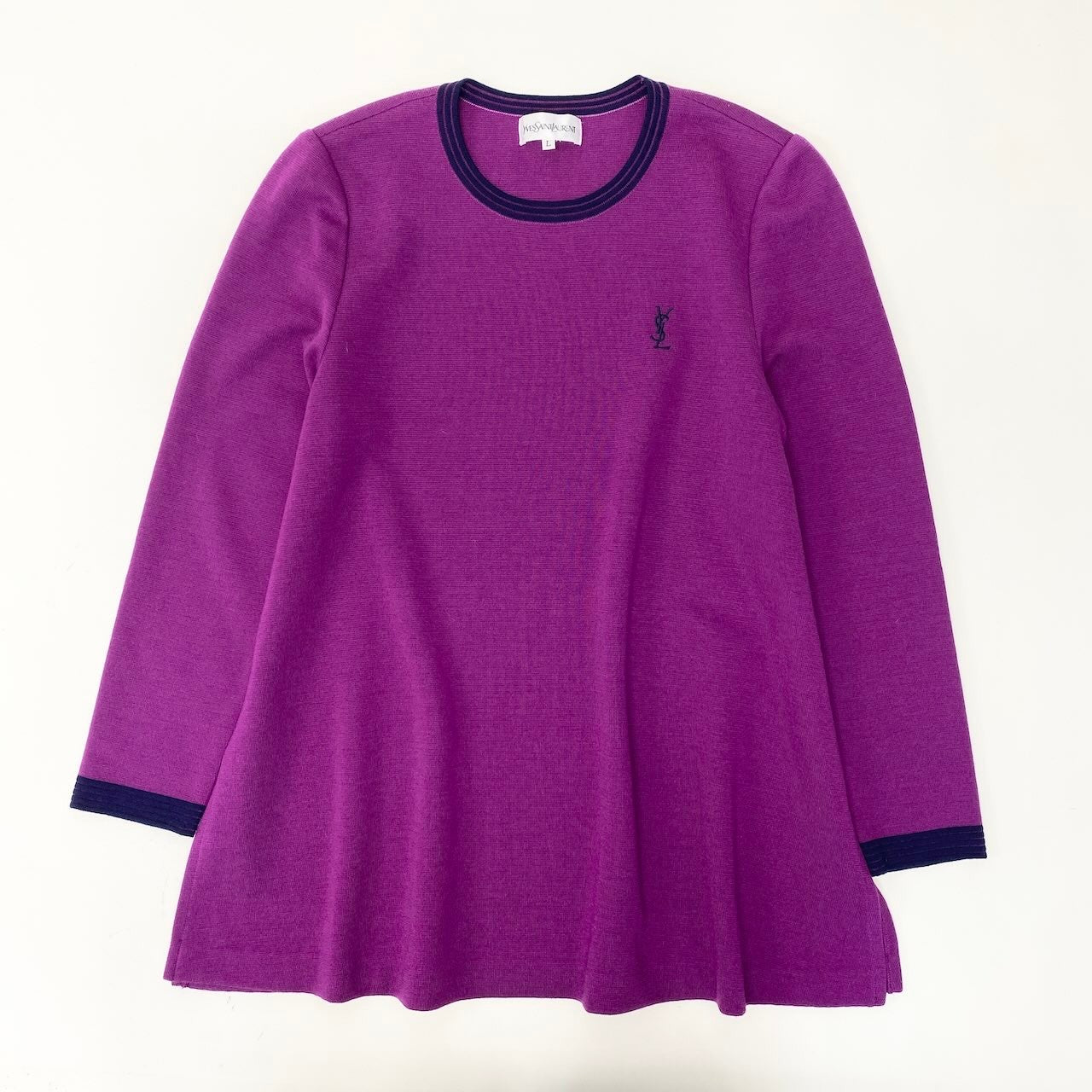 29f15 YVES SAINT LAURENT イヴサンローラン YSLロゴ フレアニットセーター チュニック丈 バイカラー サイズL パープル ネイビー ウール100％ レディース女性用u02t