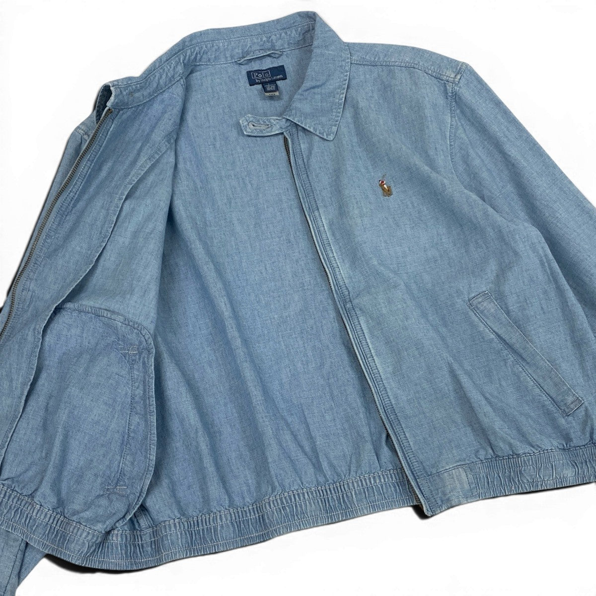 84c29【美品】 Polo by Ralph Lauren ポロバイラルフローレン デニムシャンブレー ブルゾン 近年 ダブルジップ ロゴ刺繡 L/G ライトブルー コットン100％ メンズ 紳士服u02t