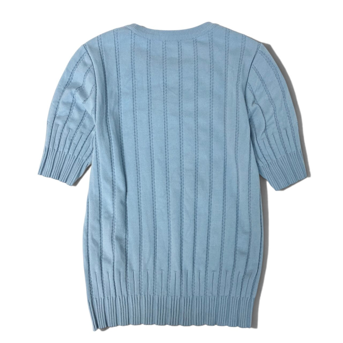 30j27 FOXEY BOUTIQUE フォクシー STRATA 半袖ニット トップス ロゴプレート 41268 サイズ38 ブルー レディースu02t