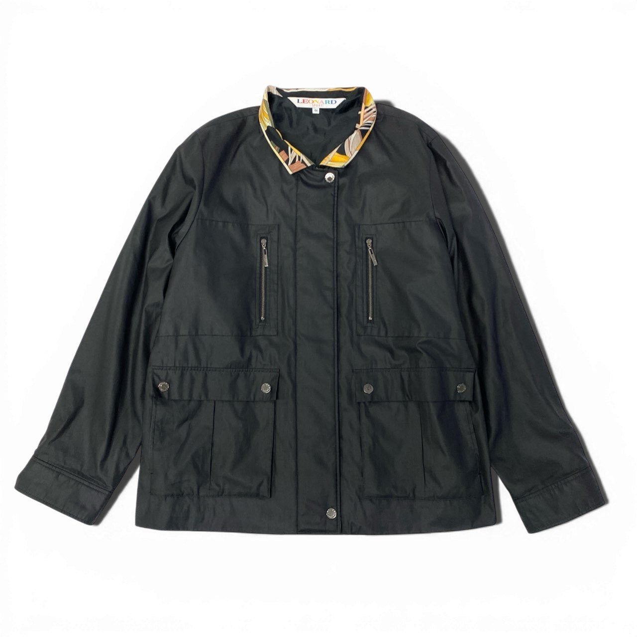 60c6 LEONARD レオナール 美しい花柄プリント 薄手ジャケット ライトアウター 44 ブラック レディース 大きいサイズu02t