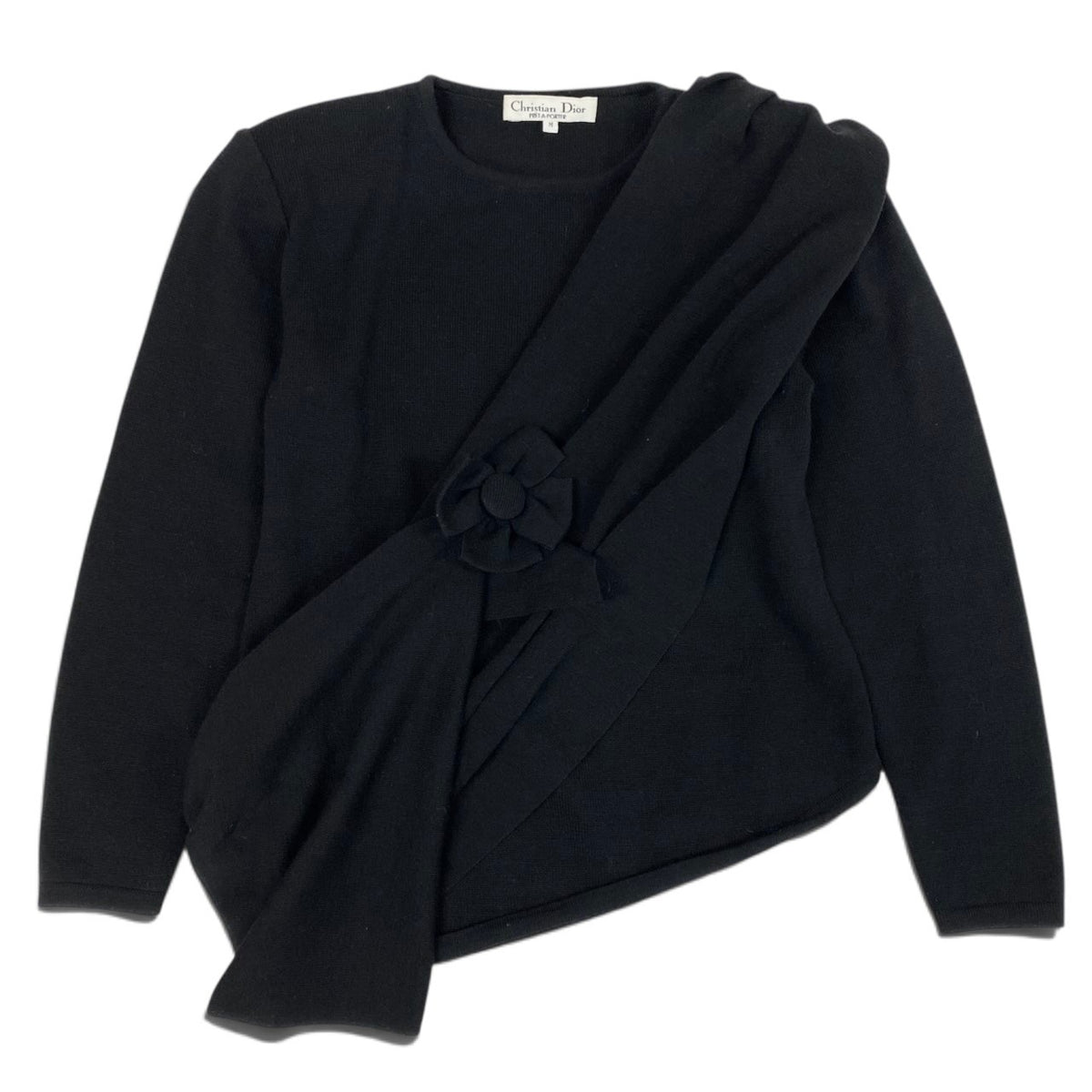 i21 Christian Dior ロングスリーブニットセーター リボンディテール Mサイズ ブラック ウール100％ レディース 女性用u02t
