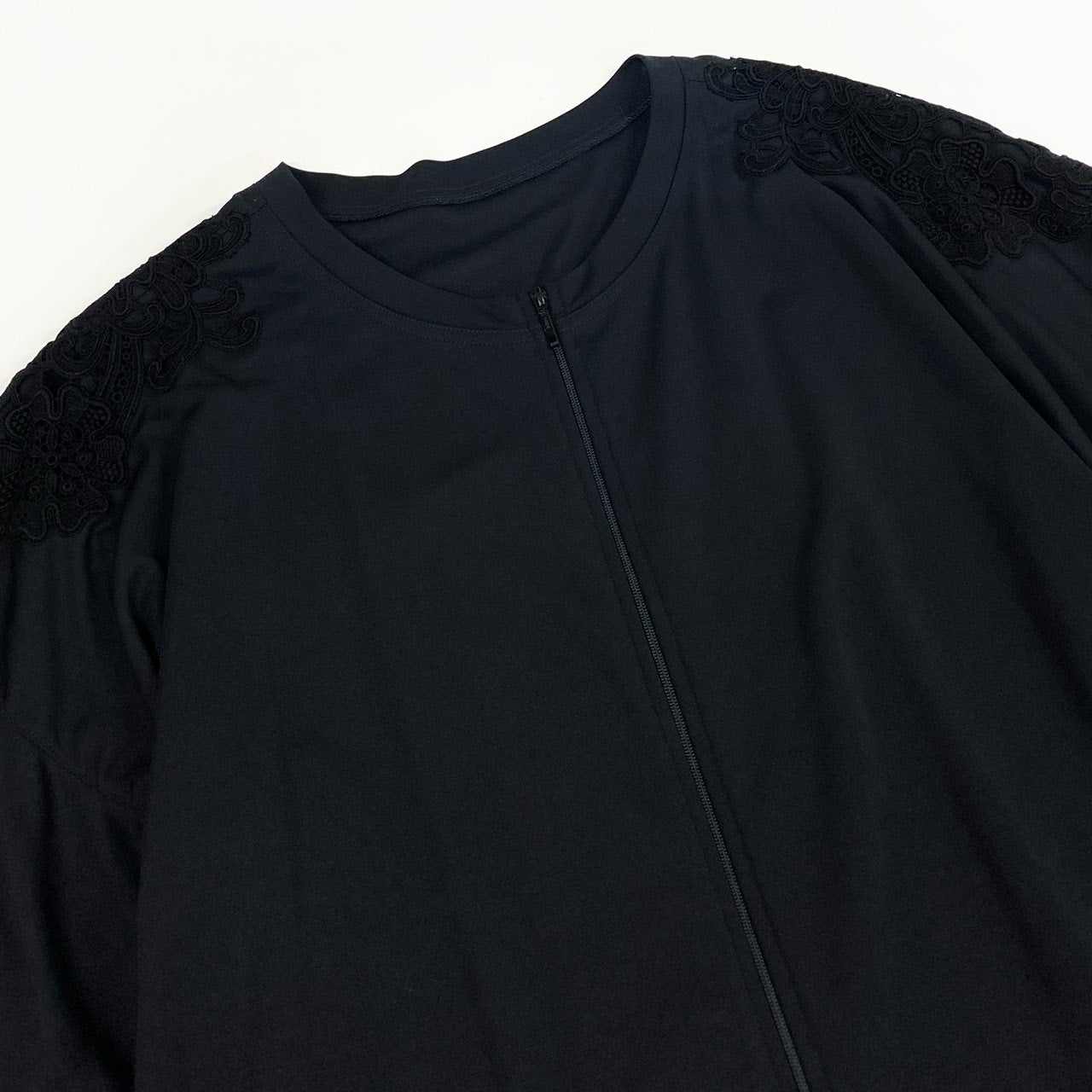 42b27 【美品】 TOKUKO 1er VOL ＊J トクコプルミエヴォル ノーカラージャケット ダブルジップジャケット フリルスリーブ レース装飾 サイズ9 レディース 女性服 サイズ9 ブラックu02t