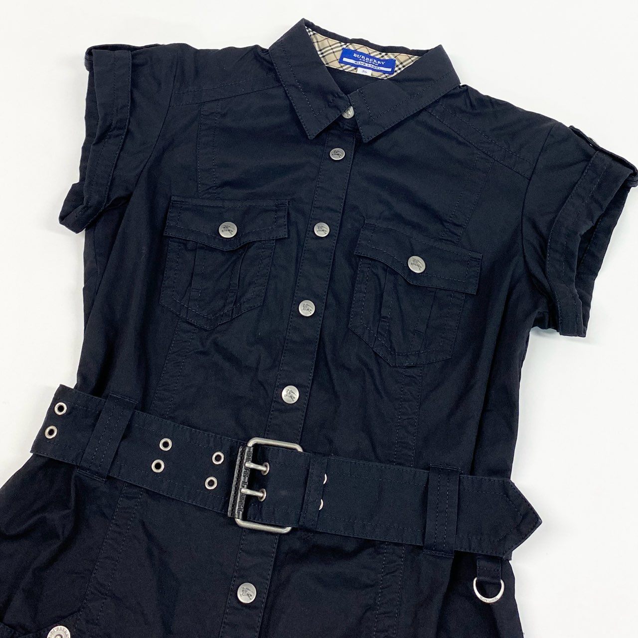 70b9 BURBERRY BLUE LABEL バーバリー ブルーレーベル Aライン ベルテッド ワンピース ノバチェック 半袖 ホースボタン 36 ネイビー レディースk02i