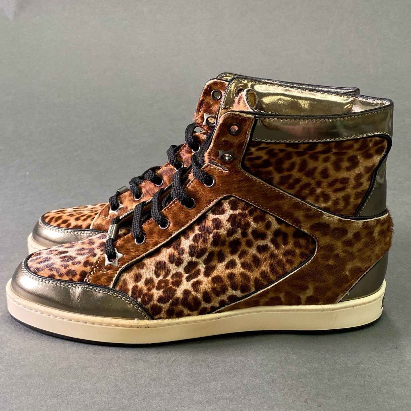 3e5 JIMMY CHOO ジミーチュウ ハラコ レオパード ハイカットスニーカー 35 1/2 ブラウン レザー シューズ イタリア製