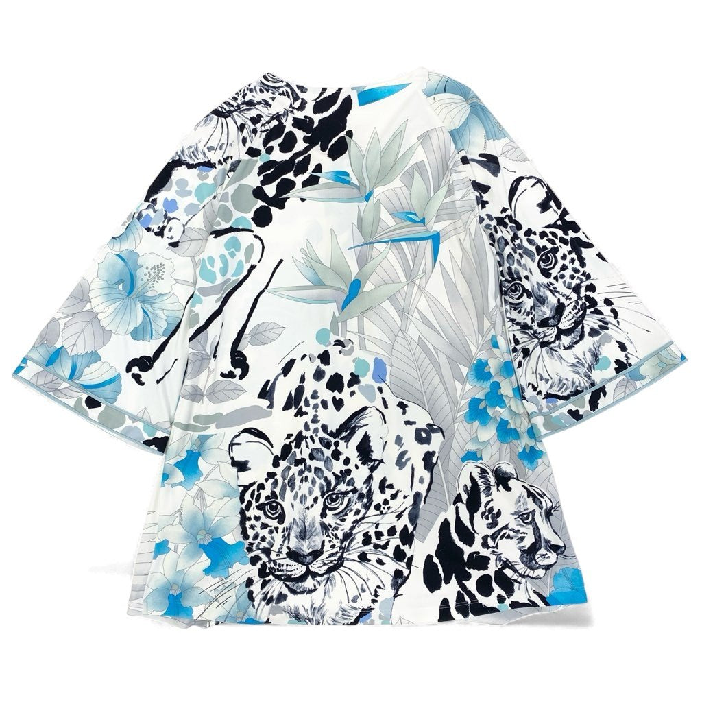 69L17 LEONARD レオナール チュニック ロングスリーブカットソー 美しい花柄プリント ストレッチ素材 トップス 36サイズ ホワイト ブルー レディースo07t