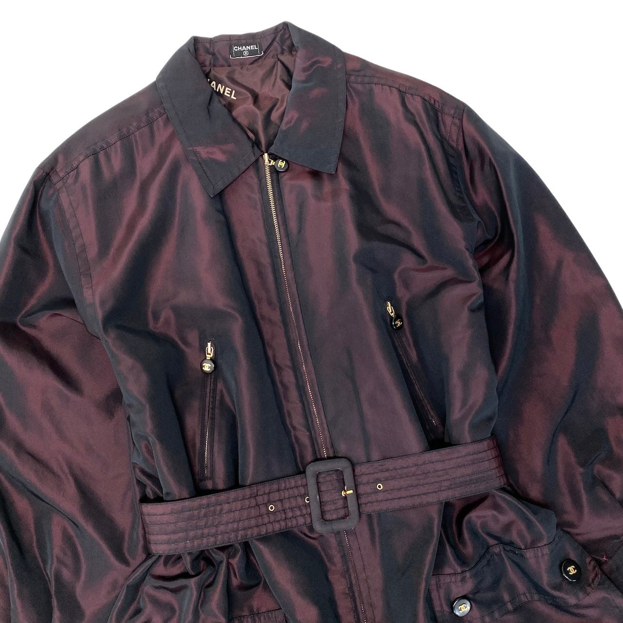 Cf9 CHANEL シャネル ヴィンテージ ココボタン シルクタフタコート Vintage CC Silk Taffeta Coat ボルドーt18r