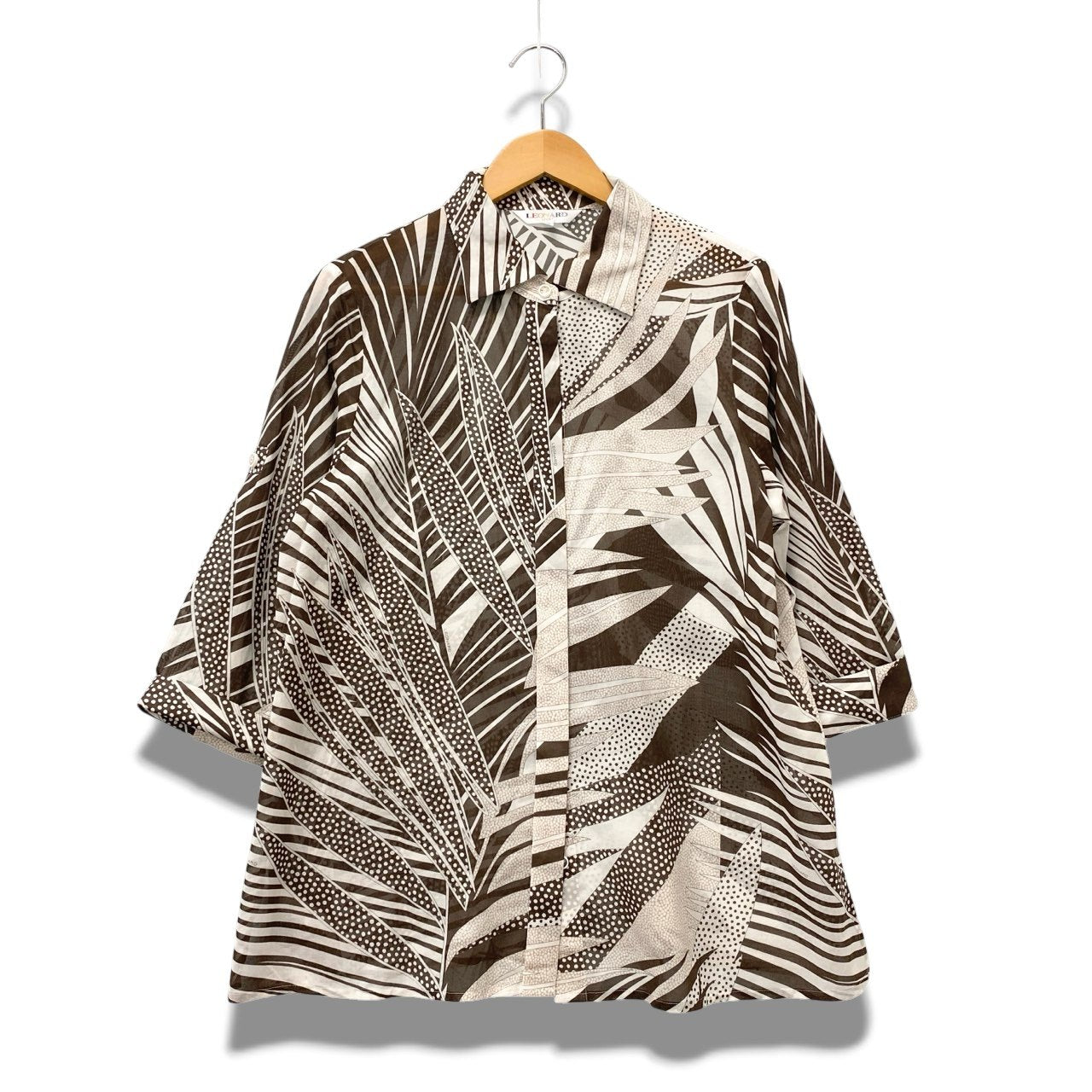 58b17 【美品】 レオナール 七分袖シャツ シアー 総柄  40 ブラウン レディース 女性用u02t