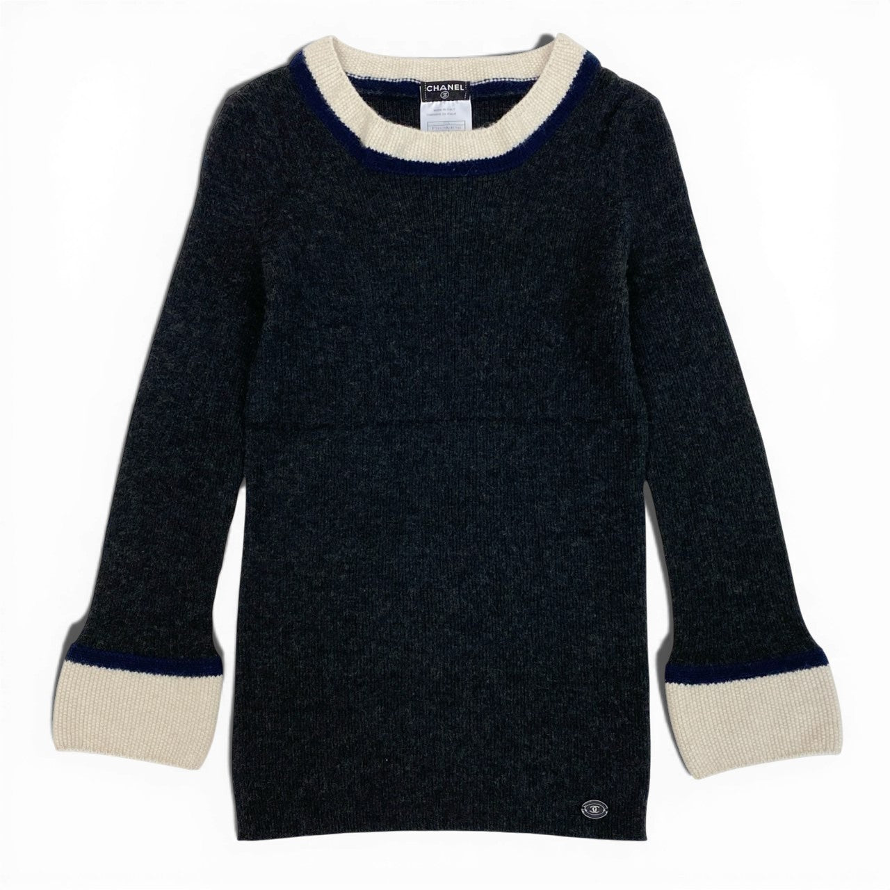 10a13 CHANEL シャネル クルーネック ニットセーター リブニット 長袖 カシミヤシルク混〇  レディース 女性用 P31828K00700 サイズ42 ダークグレー オフホワイト ネイビーo07t