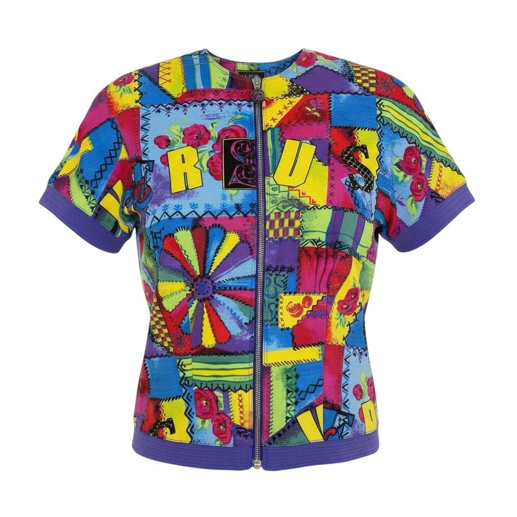 Ib19  VERSUS Gianni Versace ジャンニヴェルサーチ 総柄 半袖ジャケット ジップアップ 38 マルチカラー レーヨン レディースu02t