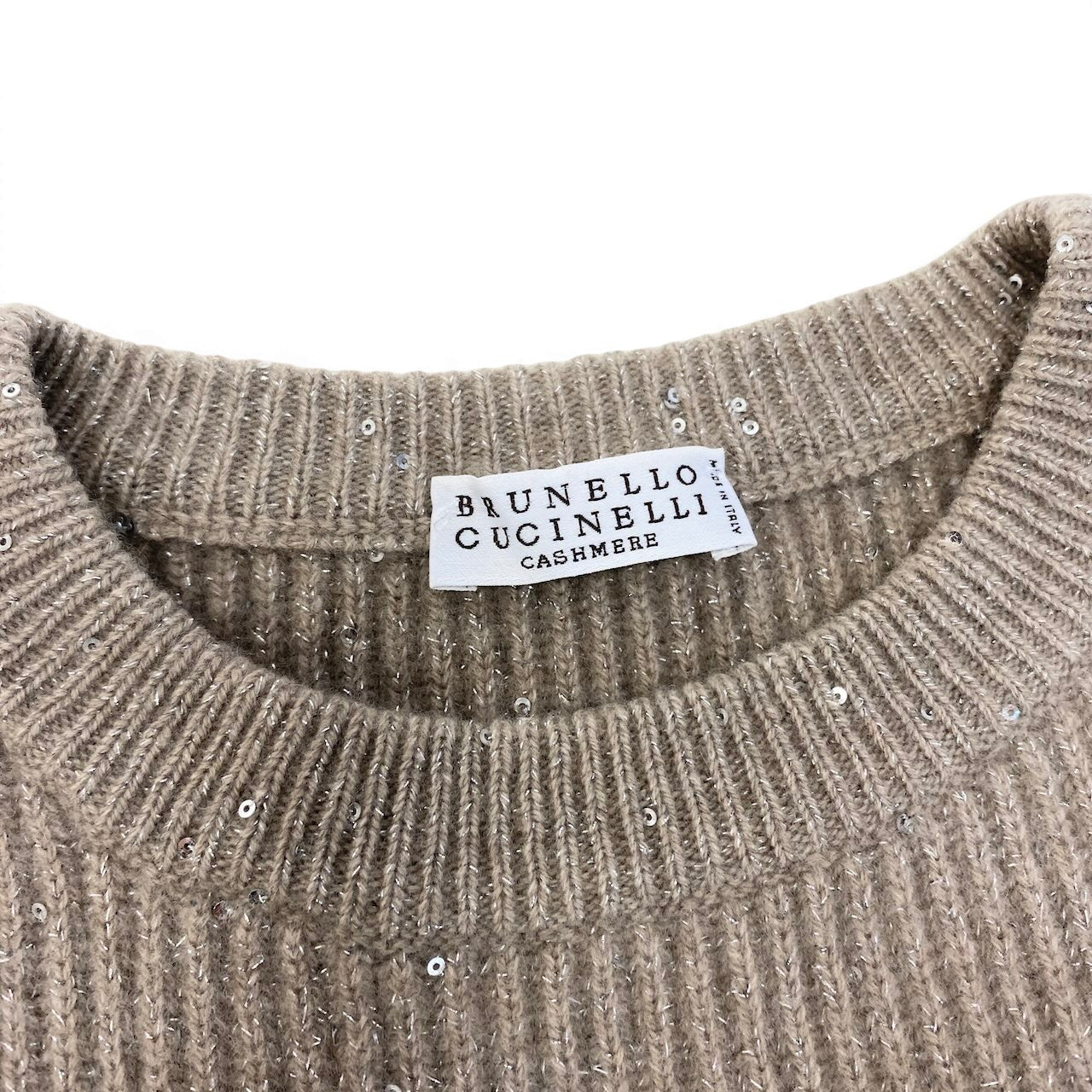 12g1【美品】 BRUNELLO CUCINELLI ブルネロクチネリ スパンコール ラメニット クルーネックセーター カシミヤ混 XS ベージュ レディースu02t