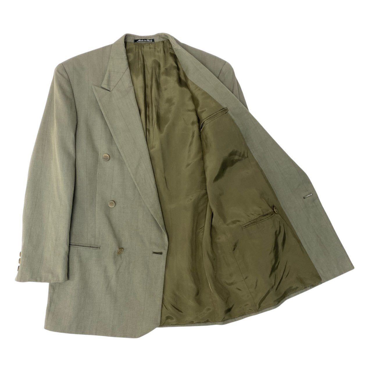 5c5 GIORGIO ARMANI ジョルジオアルマーニ Vintage 白タグ ダブルブレスト セットアップ スーツ 46 カーキ ストライプ メンズ 90su02t