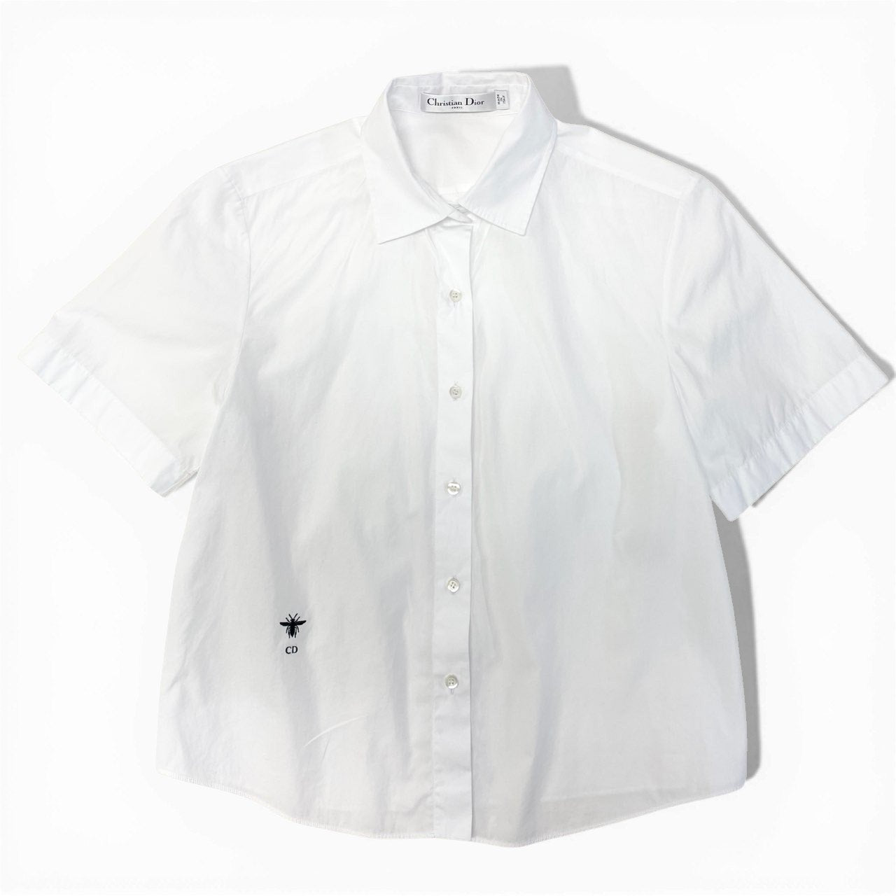 2a29 Christian Dior クリスチャンディオール Beeロゴ刺繍 フレア 半袖シャツ ショートスリーブ イタリア製 111B61A3356 38 ホワイト コットン レディースo07t