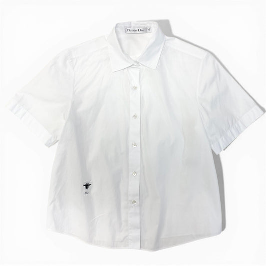 2a29 Christian Dior クリスチャンディオール Beeロゴ刺繍 フレア 半袖シャツ ショートスリーブ イタリア製 111B61A3356 38 ホワイト コットン レディースo07t