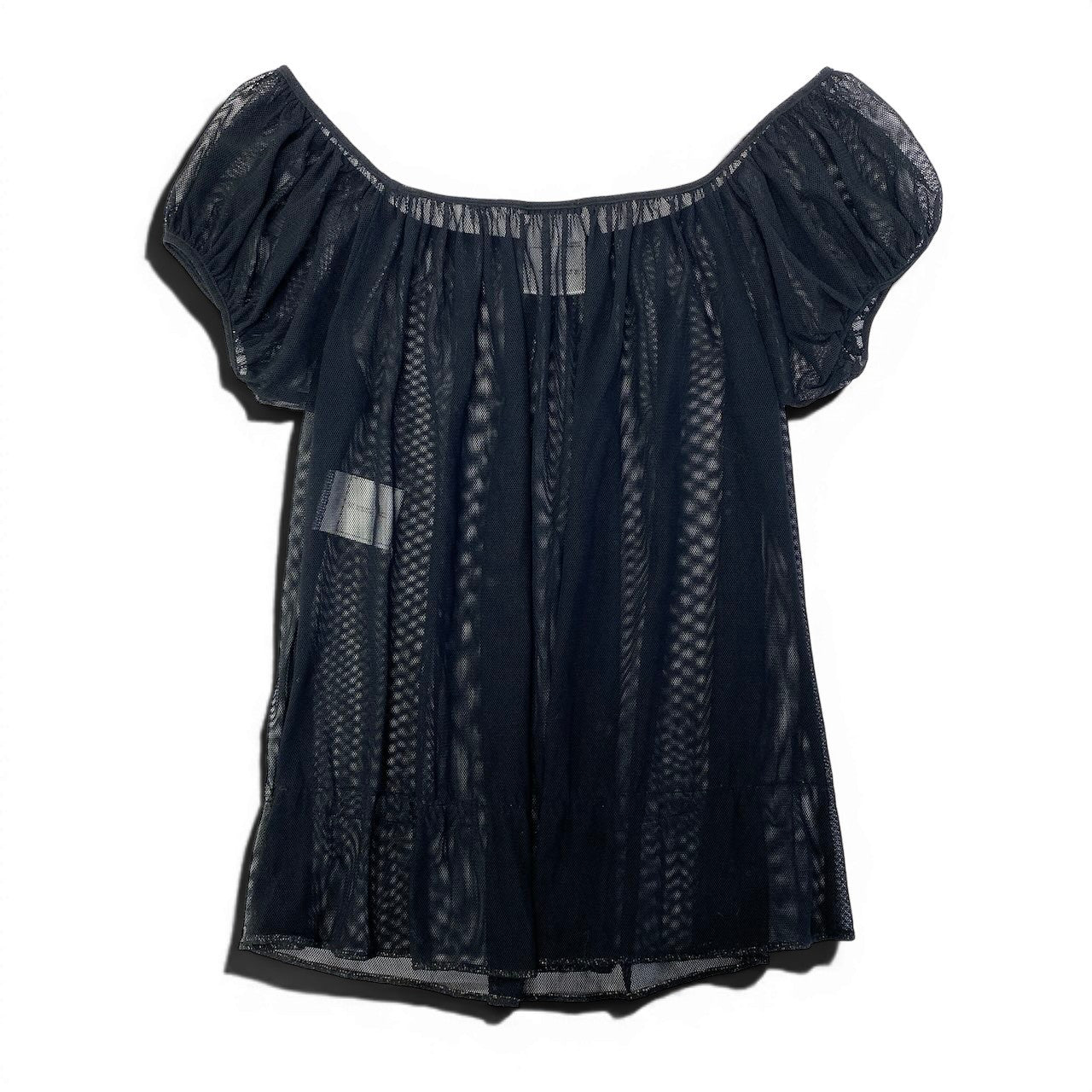 Cd22 CHANEL シャネル シースルーメッシュブラウス パフスリーブ オフショルダー トップス P16717V09413 40サイズ ブラック レディース 女性用u02t