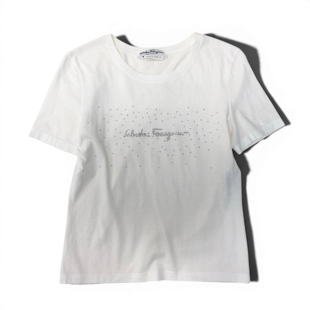 If15 Salvatore Ferragamo サルヴァトーレフェラガモ ロゴ ラインストーン Tシャツ 半袖カットソー イタリア製 Sサイズ ホワイト コットン レディースo07t