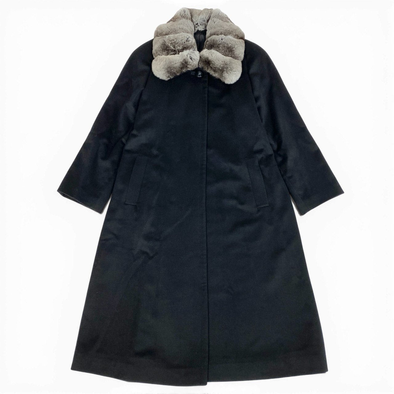 30a9 チンチラファー付き カシミヤロングコート サイズF ブラック 最高級毛皮 Chinchilla Fur Cashmere Coatt18r