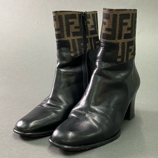 1e10 FENDI フェンディ ズッカ柄 サイドジップ ショートブーツ レザー シューズ チャンキーヒール 35 1/2 ブラウン系 ブラック 本革