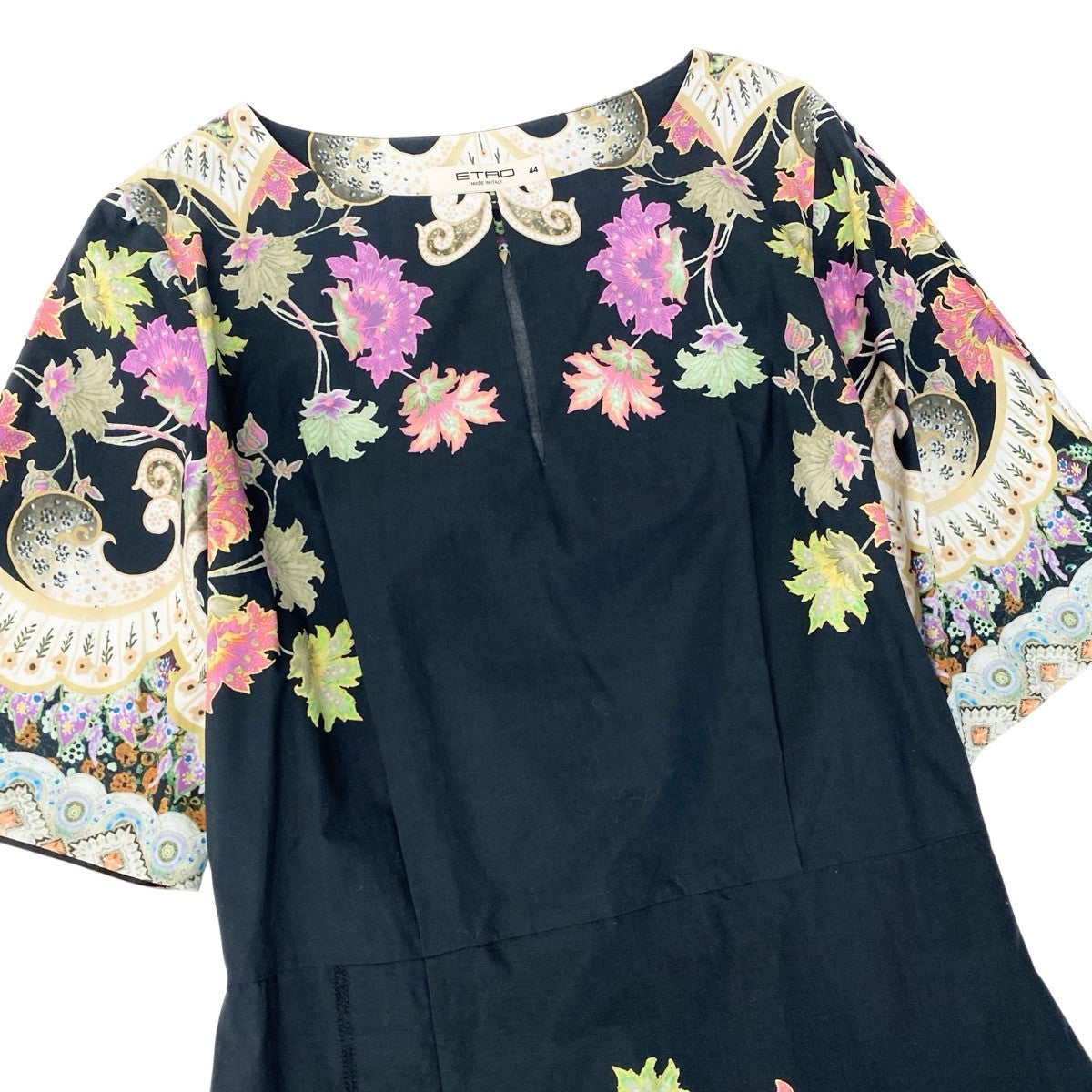 28f15 ETRO エトロ 花柄プリント 五分袖ワンピース ドレス 大きいサイズ 44 ブラック マルチカラー コットン レディースo07t