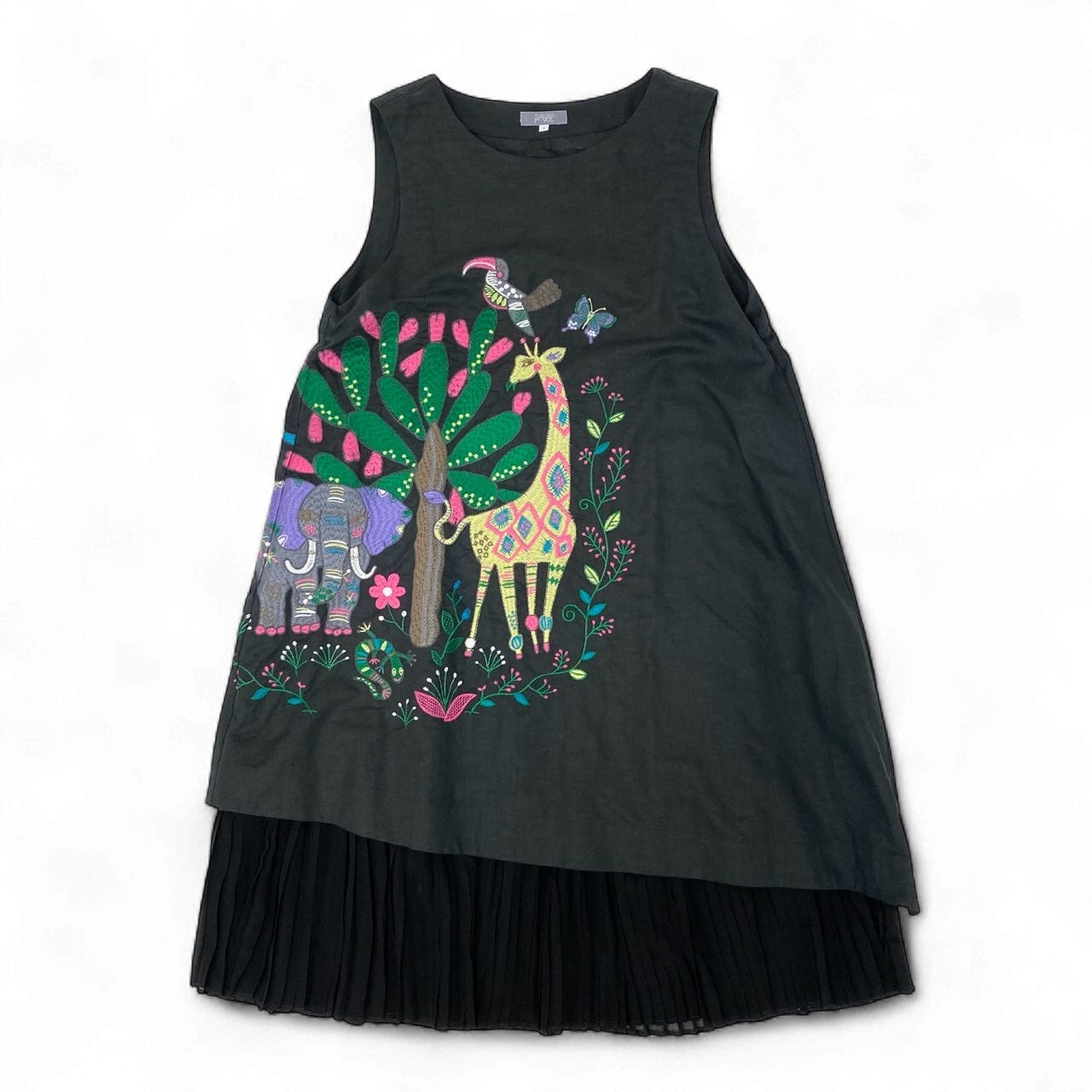 18k20 TOKUKO 1er VOL トクコプルミエヴォル レイヤード ロングワンピース プリーツ切替 アニマル刺繍 コットンリネン レディース 女性用 9 ブラックu02t