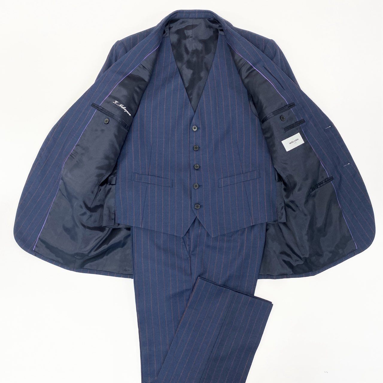 61k28 mila schon ミラショーン セットアップスーツ 3ピース スリーピース 2B ストライプ柄 ビジネス フォーマル メンズ 紳士服 ネイビー ウール100％u02t