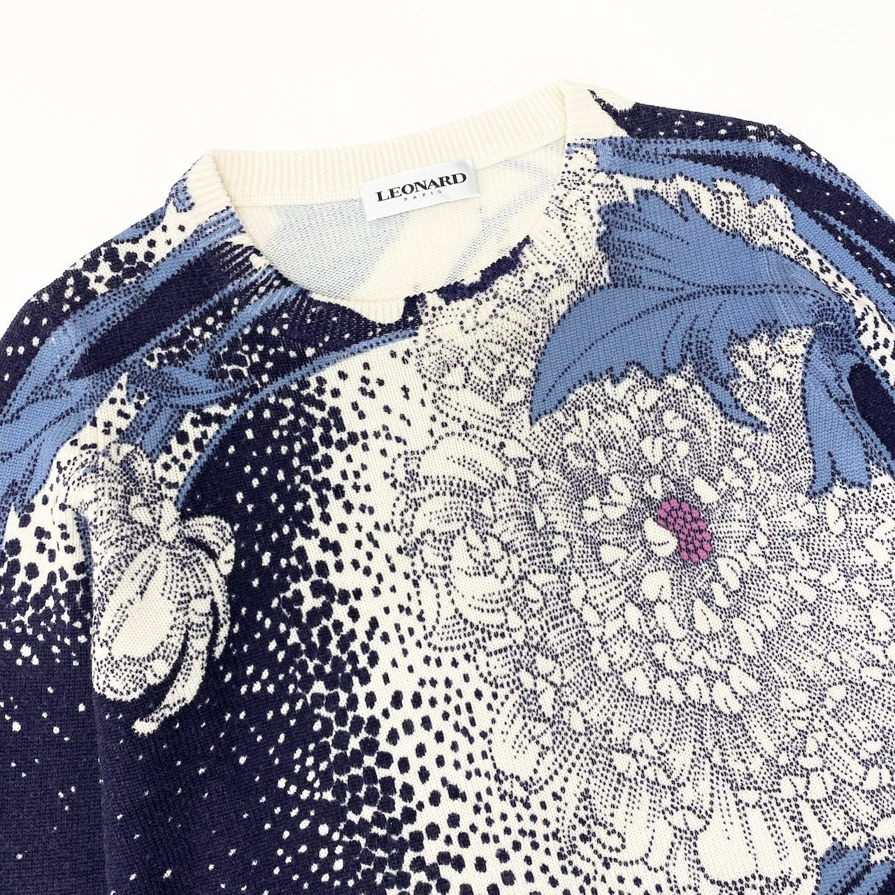 35d12 LEONARD PARIS レオナール ロングスリーブ ニットセーター ウールニット 花柄モチーフ イタリア製 サイズL パープル オフホワイト ウール100％ レディース 女性用u02t