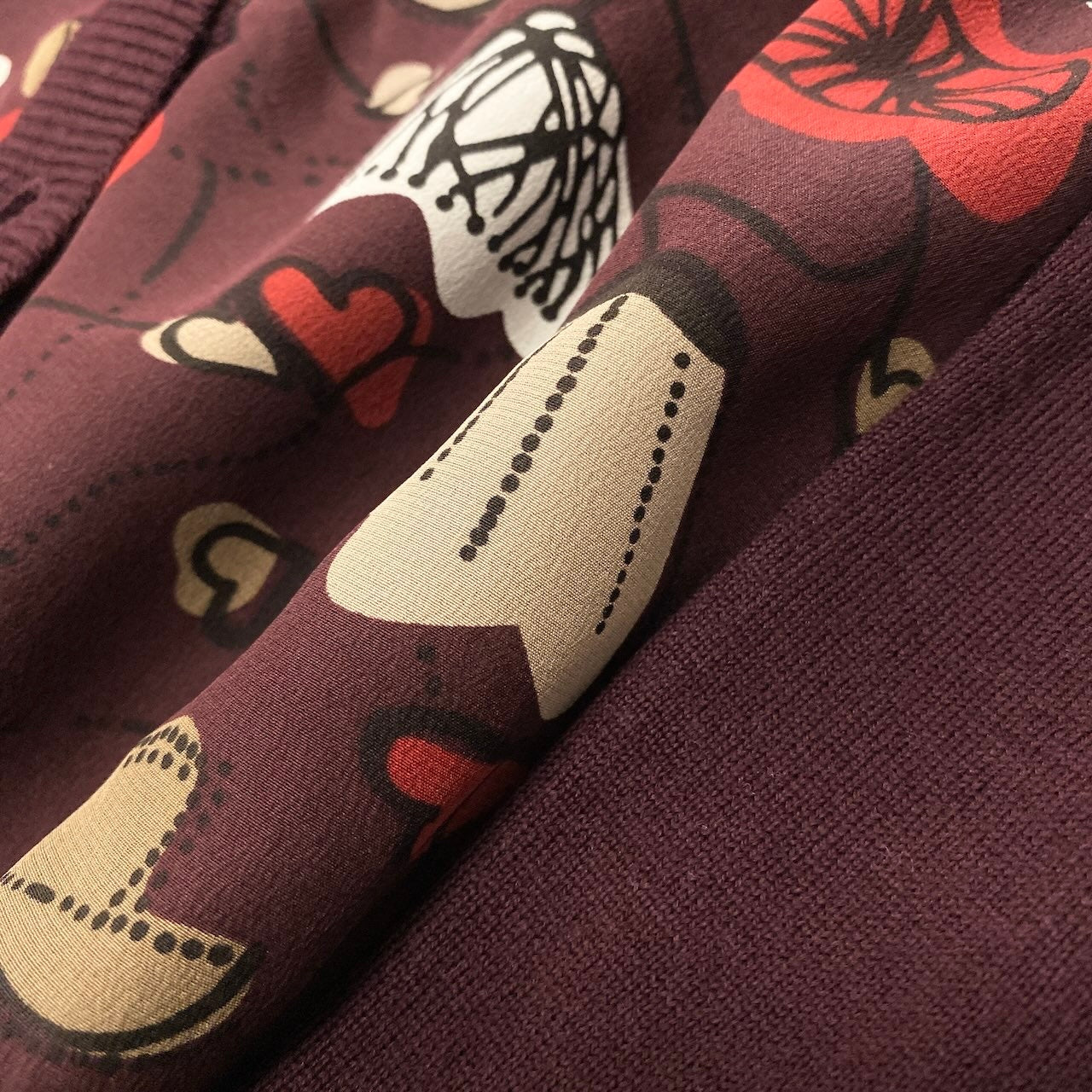 50e8 Salvatore Ferragamo サルヴァトーレフェラガモ アンサンブルニット ツインニット シルク切替 長袖カーディガン 半袖トップス フラワーモチーフ サイズS ワインレッド ウール シルク レディース 女性用u02t