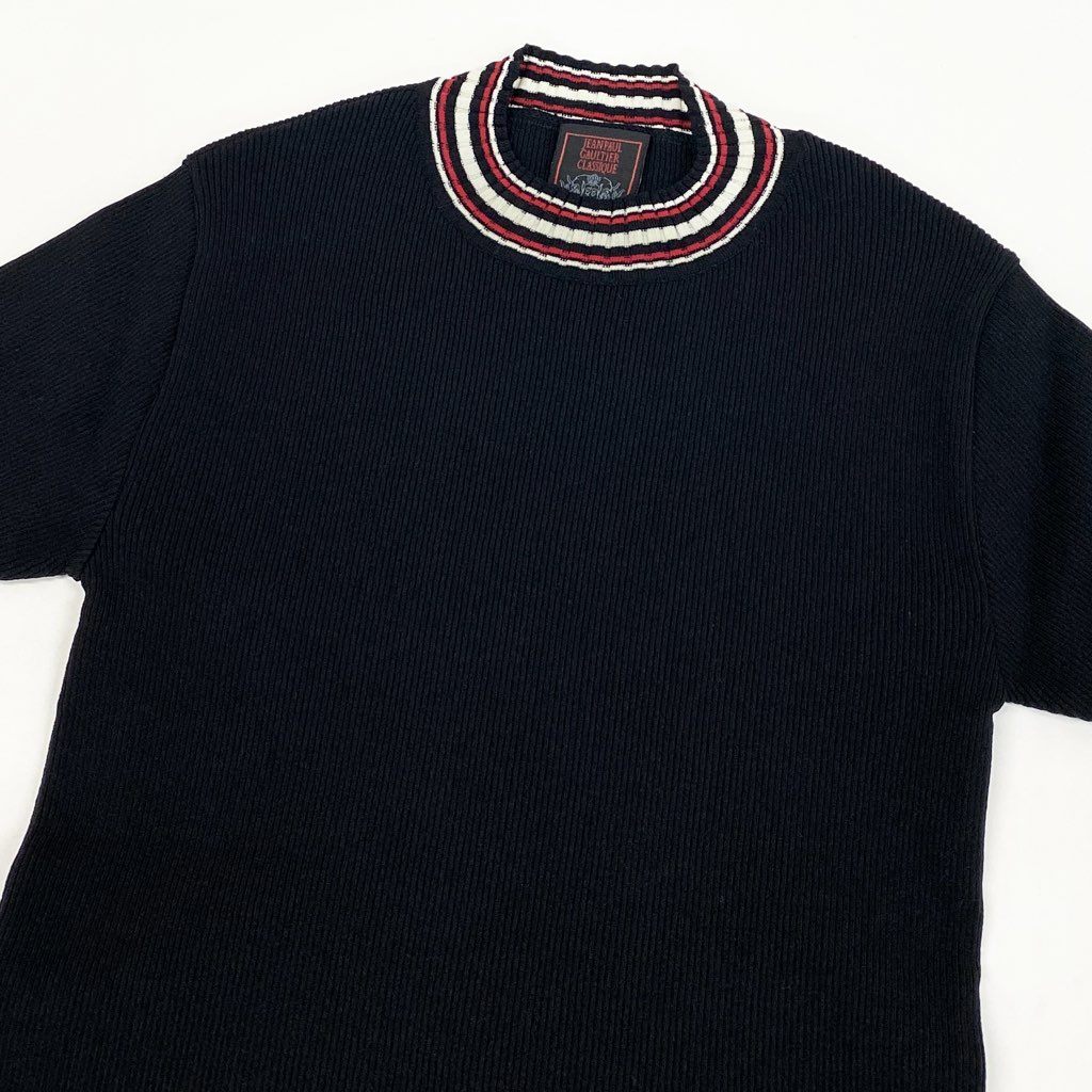 13l27【美品】JEANPAUL GAULTIER CLASSIQUE ジャンポールゴルチエ クラシック 半袖リブニット カットソー チビT ニットセーター 日本製 48サイズ ブラック ナイロン100％ レディースk02i