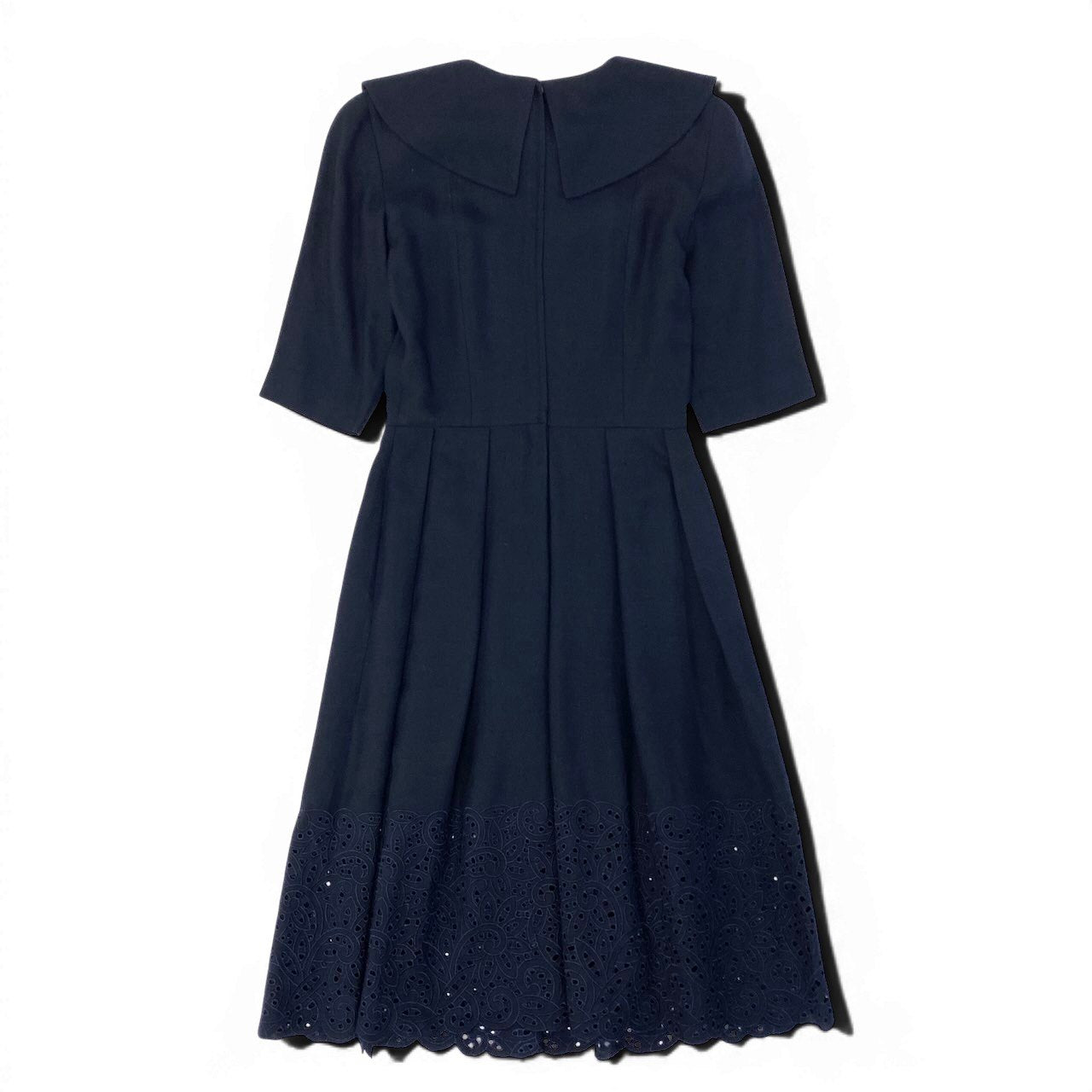 66d27 Christian Dior クリスチャンディオール つけ襟 ロングワンピース 半袖ワンピース 2way 裾レース リネンブレンド サイズ7 ネイビー レディース 女性用u02t