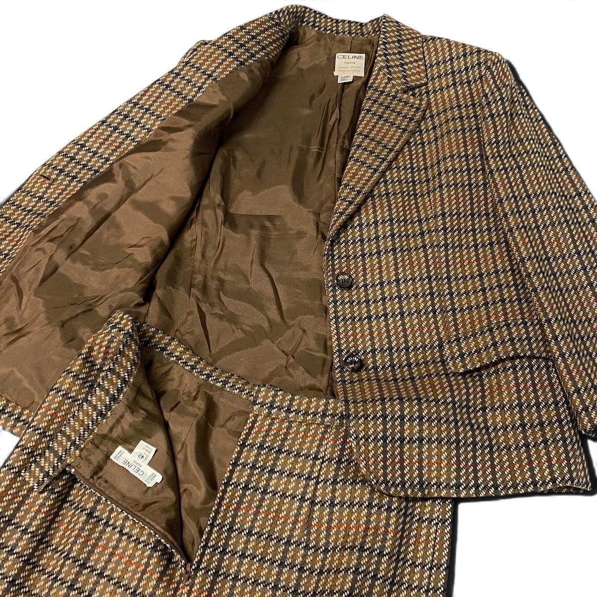j29 【美品】CELINE 80's ヴィンテージ セットアップ グレンチェック ツイード ジャケット スカート 42サイズ ブラウン レディース 女性用k02i