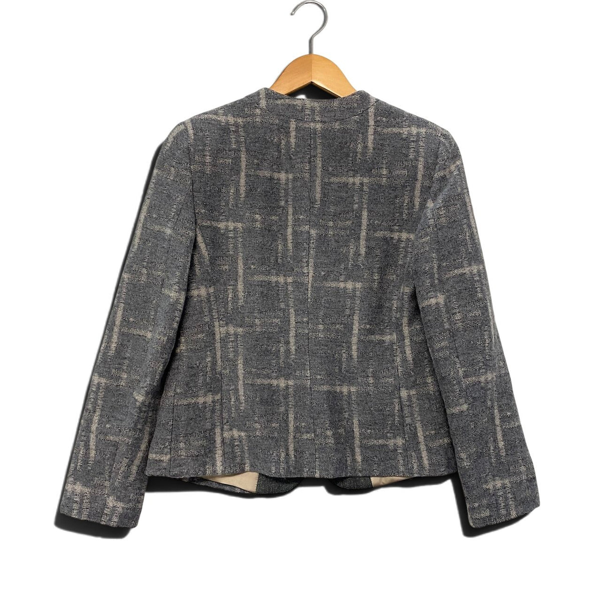 38j22 【美品】EMPORIO ARMANI ICON エンポリオアルマーニ アイコン ノーカラージャケット チェック柄 アウター 38サイズ グレー レディース 女性用u02t