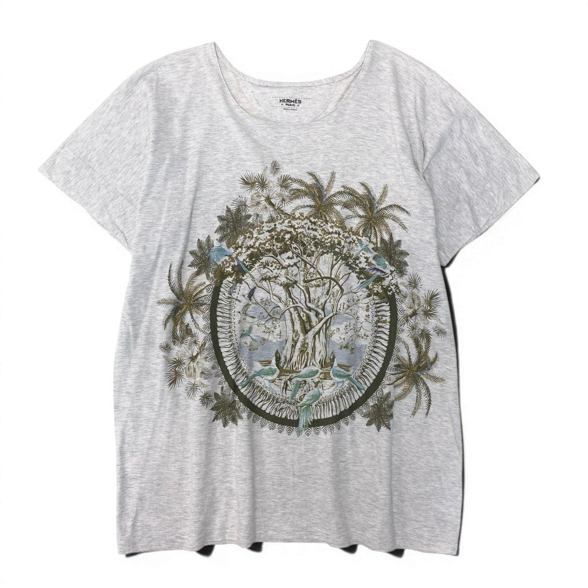 34g18 HERMES エルメス プリントTシャツ クルーネック カットソー ボタニカル柄 サイズ36 ライトグレー コットン100％ レディースu02t