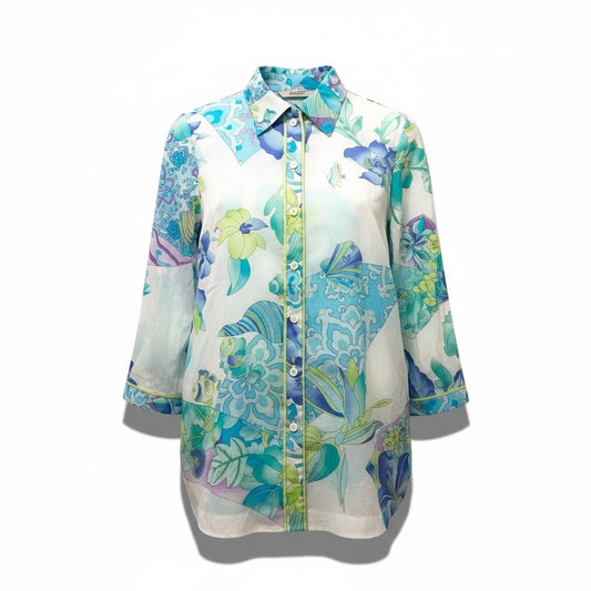 44b17 【美品】LEONARD レオナール ロングスリーブコットンシャツ シースルー 魚 花 プリント 0395205 11Rサイズ マルチカラー コットン100％ レディース 女性用u02t