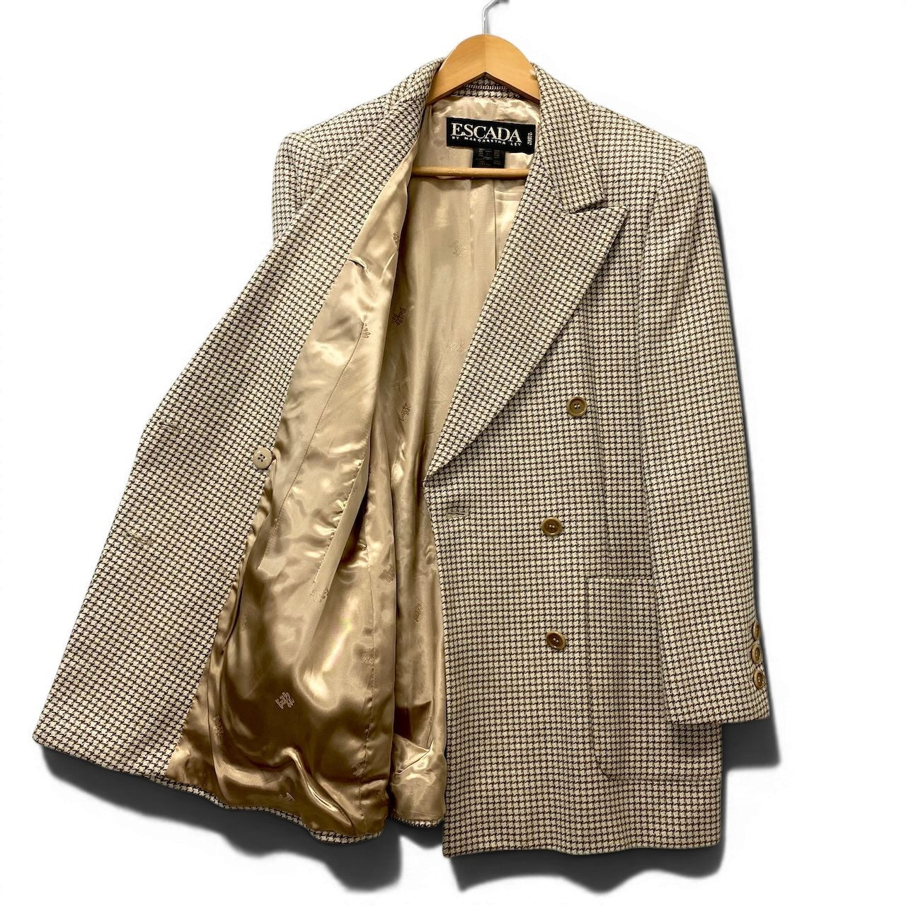 83e15【美品】ESCADA エスカーダ テーラードジャケット ウールカシミヤジャケット ブレザー 千鳥格子 38サイズ ベージュ レディース 女性用u02t