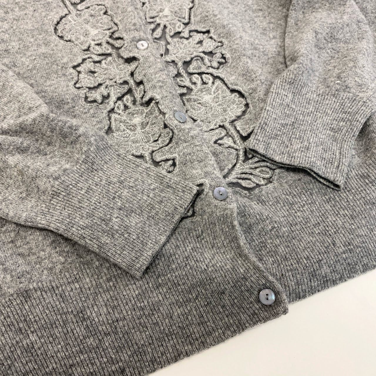 48k2 Ermanno Scervino エルマンノ シェルヴィーノ イタリア製 大きいサイズ レースデザイン 長袖 ニット カーディガン 44 XLサイズ相当 グレー ウール カシミア レディースo07t