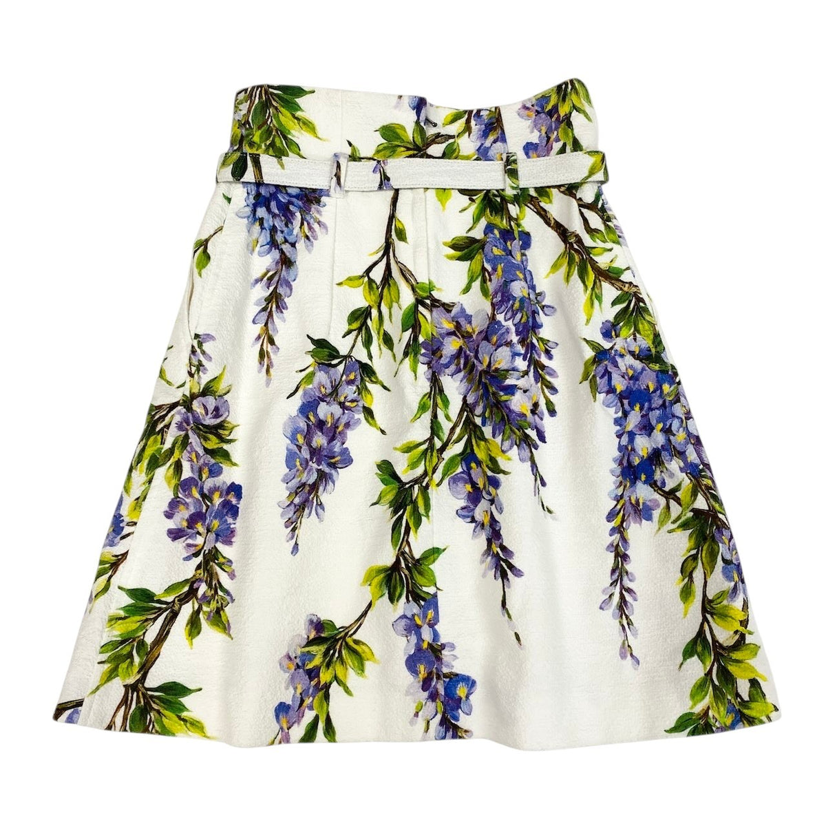 i18 【美品】DOLCE&GABBANA 台形スカート ベルトデザイン 藤の花 38サイズ マルチカラー レディース 女性用k02i