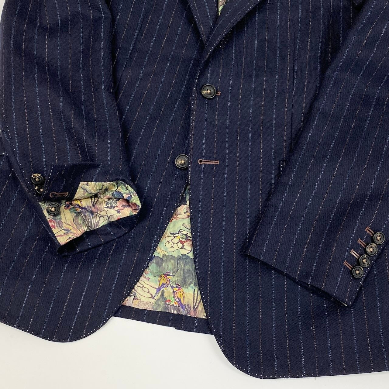 64d16 PAUL SMITH COLLECTION ポールスミス セットアップスーツ シングルスーツ 2B ストライプ柄 裏地総柄 花柄刺繍 サイズL ネイビー ウール100％ メンズ 紳士服u02t