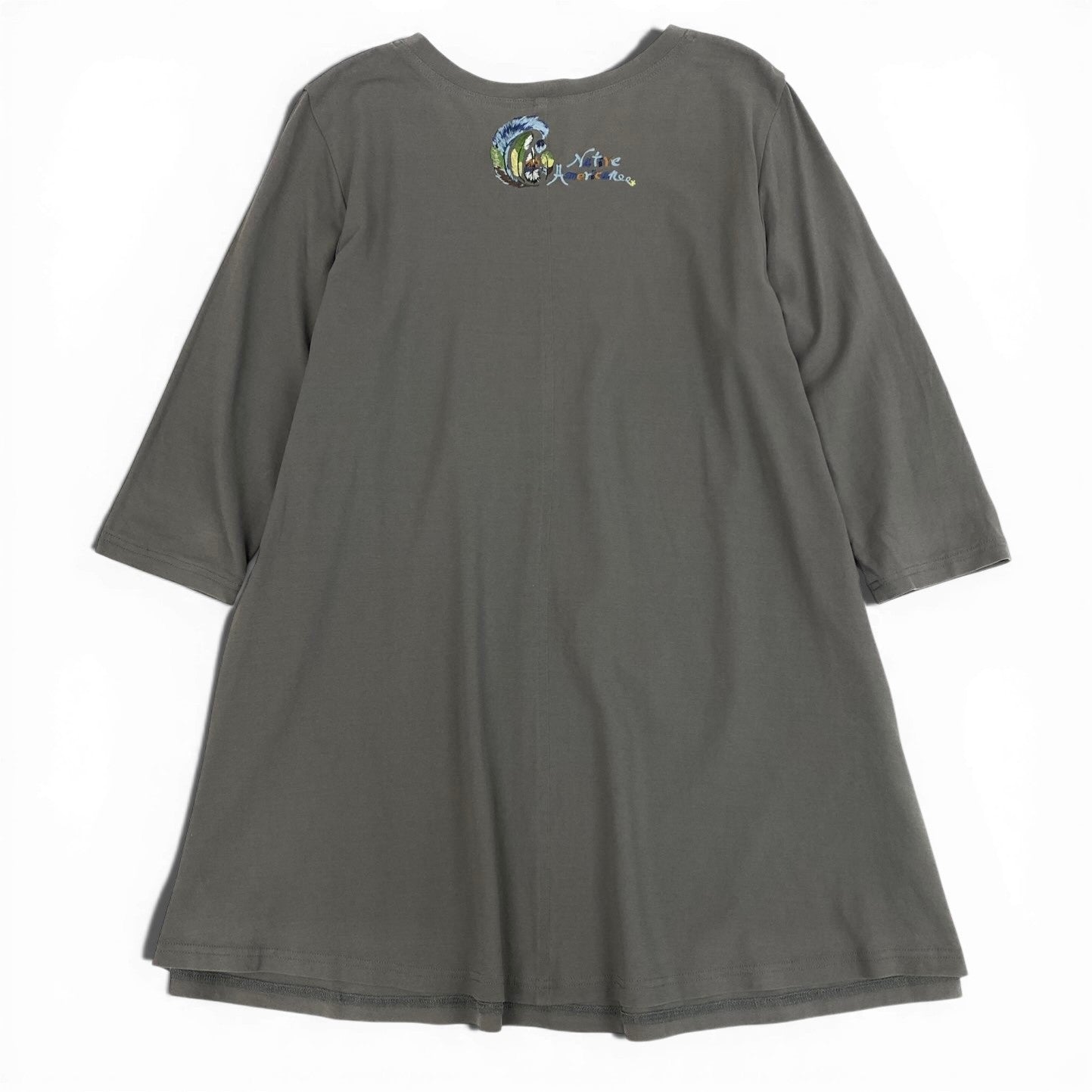 41c10 TOKUKO 1er VOL トクコプルミエヴォル チュニックワンピース Aライン 七分袖 羽柄  ストレッチ レディース 女性服 サイズ9 グレー系u02t