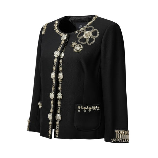 80e14 MOSCHINO モスキーノ ノーカラージャケット コットンジャケット 装飾ジャケット イタリア製 42サイズ ブラック コットン100％ レディース 女性用u02t
