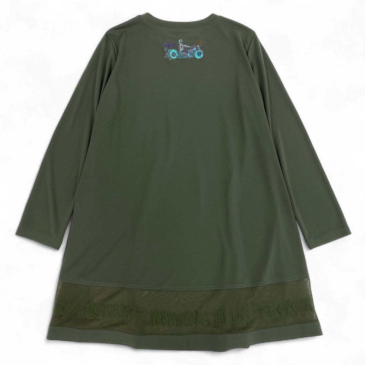 76k21《美品》 TOKUKO 1er VOL トクコプルミエヴォル ロングスリーブワンピース イラスト 刺繍 ストレッチ○ 裾切替 レディース 女性用 9 カーキu02t