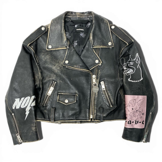83c3 DIESEL ディーゼル ダブルライダースジャケット レザージャケット ダメージ加工 ペイント ワッペンデザイン XXSサイズ ブラック 羊革 レディース 女性用o07t