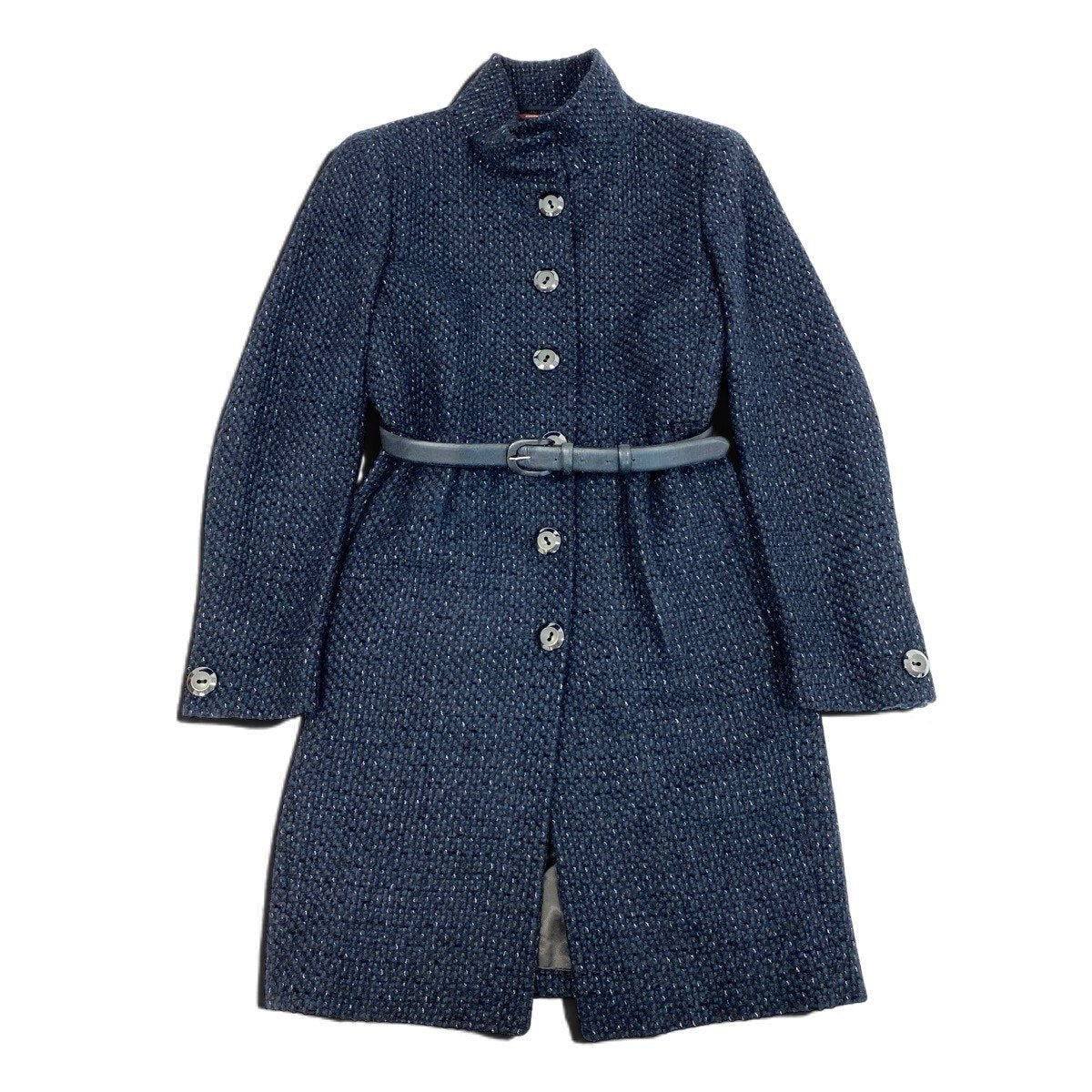 j23 【美品】MaxMara ツイードスタンドカラーコート アウター イタリア製 42サイズ ネイビー レディース 女性用u02t
