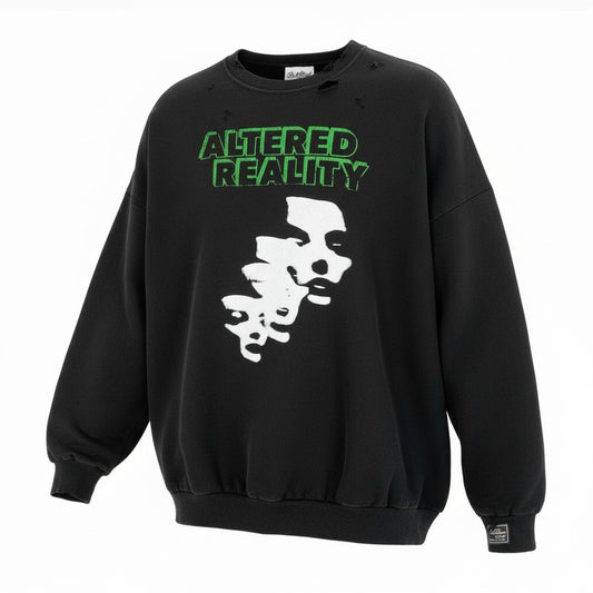 57a13 RAF SIMONS ラフシモンズ AW22 Destroyed crew neck sweater Altered  オーバーサイズ スウェットトレーナー ダメージ加工 メンズ 222-M168-13 サイズ2 ブラック コットン100％o07t