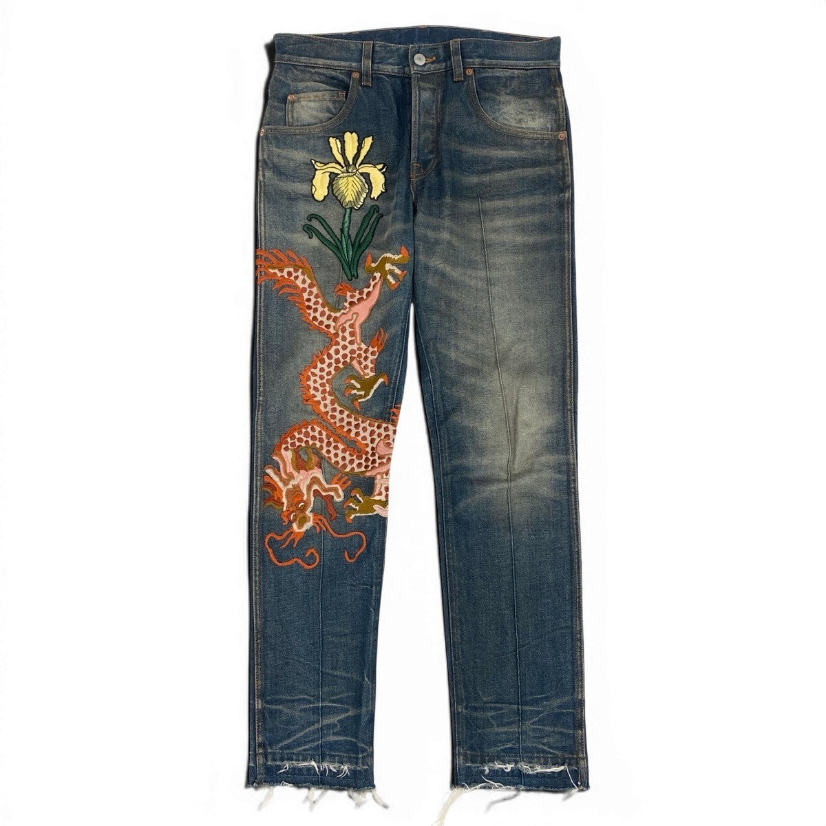 Me19 GUCCI グッチ ドラゴン フラワー刺繍 ヴィンテージ加工 デニムパンツ Dragon Flour Embroidered Jeans サイズ30 インディゴt18r
