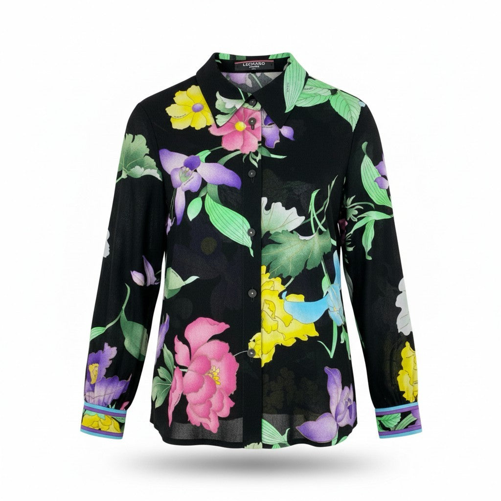3k19《美品》 LEONARD FASHION レオナール 長袖シャツ シアーシャツ 美しい花柄プリント カンカン素材 レディース 女性用 L ブラックu02t